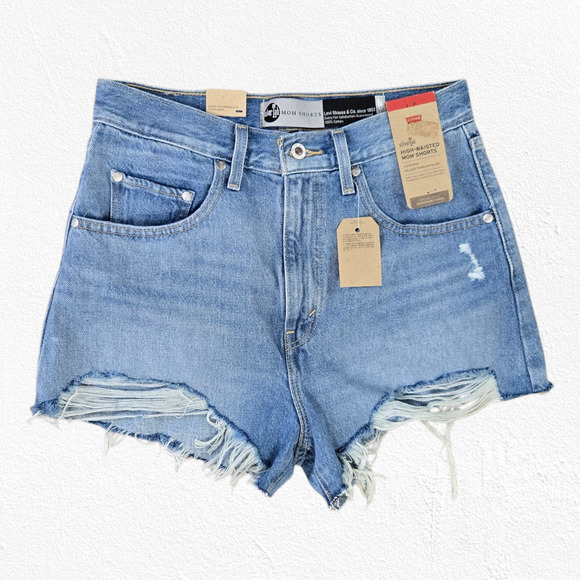 Levi's Silvertab Light Wash Distressed Cutoff High Rise Denim Mom Shorts Size 28 - Picture 1 of 11